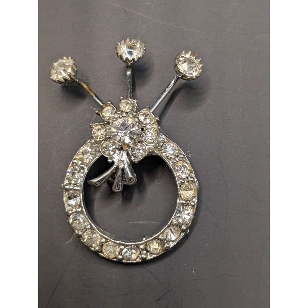 Vintage Silver Tone Round Clear Rhinestone Brooch Pin